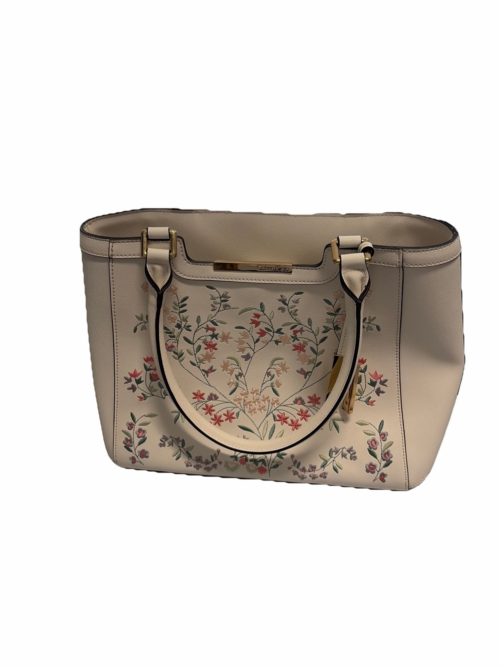 Calvin Klein floral embroidered Saffiano leather tote bag